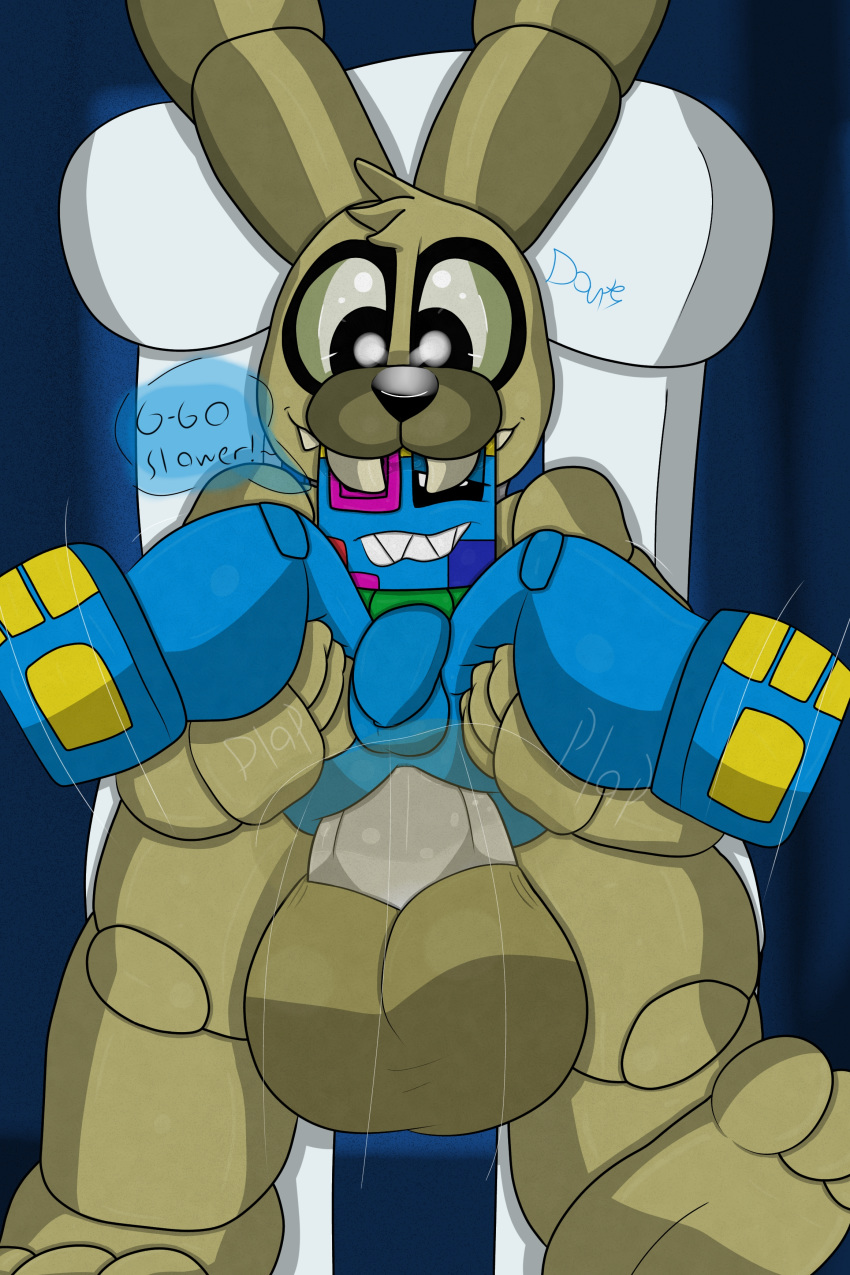 absurd_res anal anal_penetration animatronic anthro anthro_on_anthro blue_body bodily_fluids button_eyes canon_x_oc drooling duo fan_character five_nights_at_freddy's five_nights_at_freddy's_4 flaccid genitals green_body half-closed_eyes hi_res humanoid_genitalia humanoid_penis lagomorph leg_grab leporid machine male male/male male_penetrated male_penetrating male_penetrating_male mammal narrowed_eyes penetration penis plushie plushtrap_(fnaf) plushtrapboyuwu rabbit robot saliva saliva_on_face sharp_teeth simple_background size_difference spreading teeth text thick_thighs video_games
