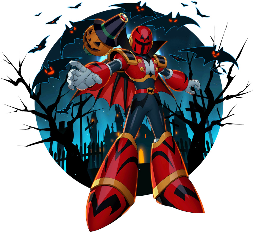 1boy alternate_costume android bat capcom cape castle full_body halloween hat helmet high_collar highres male_focus mizuno_keisuke night official_art pumpkin rockman rockman_x rockman_x_dive shoulder_cannon solo transparent_background vava witch_hat