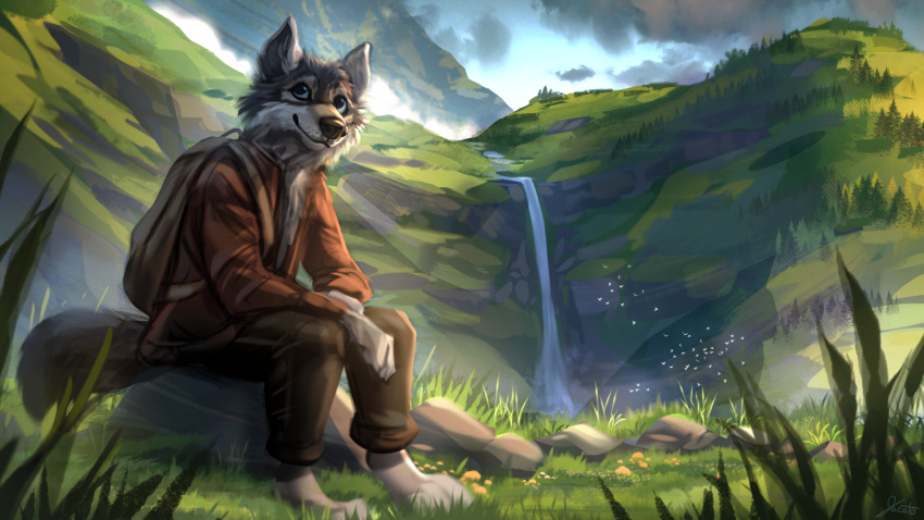 16:9 anthro backpack canid canine canis clothed clothing detailed_background hi_res jacato landscape male mammal outside rakan sitting solo waterfall were werecanid werecanine werewolf widescreen wolf