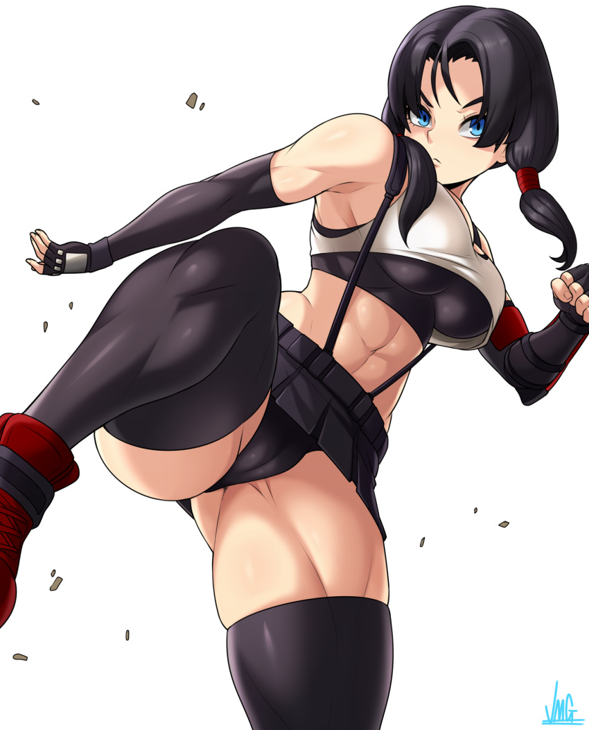 1girl abs ankle_boots ass_visible_through_thighs black_gloves black_hair black_legwear black_panties black_sports_bra blue_eyes boots breasts cameltoe clenched_hand cosplay crop_top crop_top_overhang detached_sleeves dragon_ball dragon_ball_z english_commentary fighting_stance final_fantasy final_fantasy_vii fingerless_gloves gloves high_kick highres jmg kicking looking_at_viewer low_twintails medium_breasts medium_hair midriff muscle muscular_female panties pantyshot red_footwear skirt solo sports_bra suspender_skirt suspenders thick_thighs thighhighs thighs tifa_lockhart tifa_lockhart_(cosplay) twintails underwear videl white_background