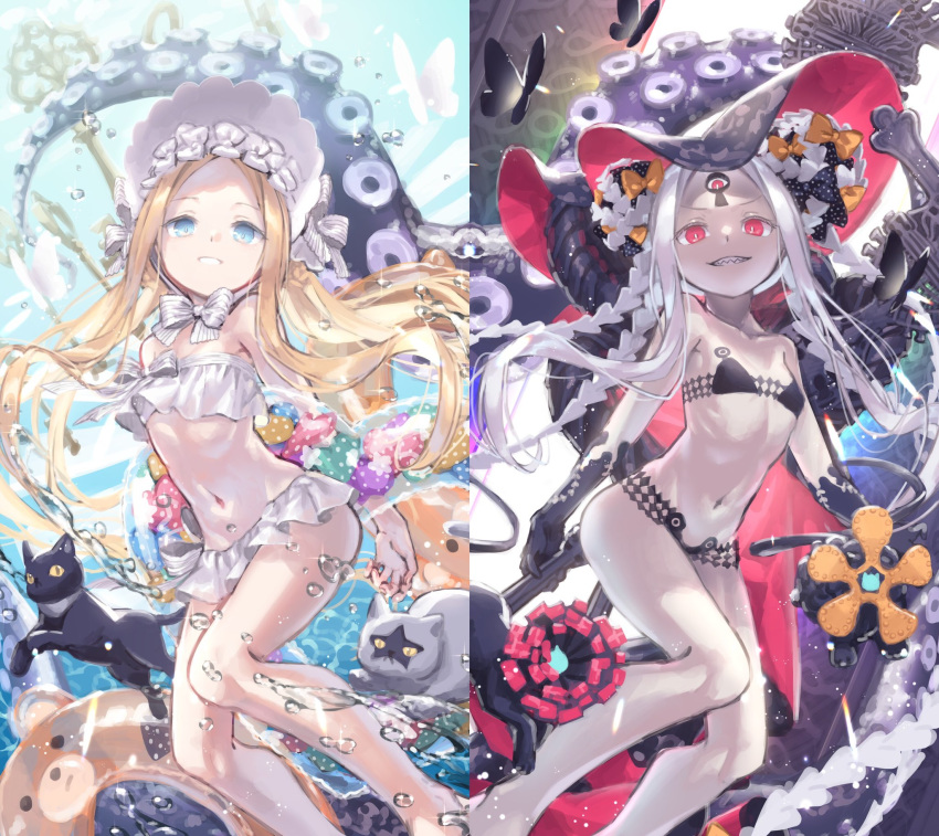 1girl abigail_williams_(fate/grand_order) abigail_williams_(swimsuit_foreigner)_(fate) animal bangs bare_arms bare_legs bare_shoulders bikini black_bikini black_bow black_cat black_gloves black_headwear blonde_hair blue_eyes bonnet bow breasts bug butterfly cat double_bun elbow_gloves evil_grin evil_smile fate/grand_order fate_(series) forehead gloves grin hair_bow heart highres innertube insect long_hair multiple_views navel orange_bow parted_bangs polka_dot polka_dot_bow red_eyes sharp_teeth sidelocks silver_hair small_breasts smile split_image strapless strapless_bikini suction_cups swimsuit teeth tentacles underwater very_long_hair white_bikini white_bow white_headwear yumeichigo_alice