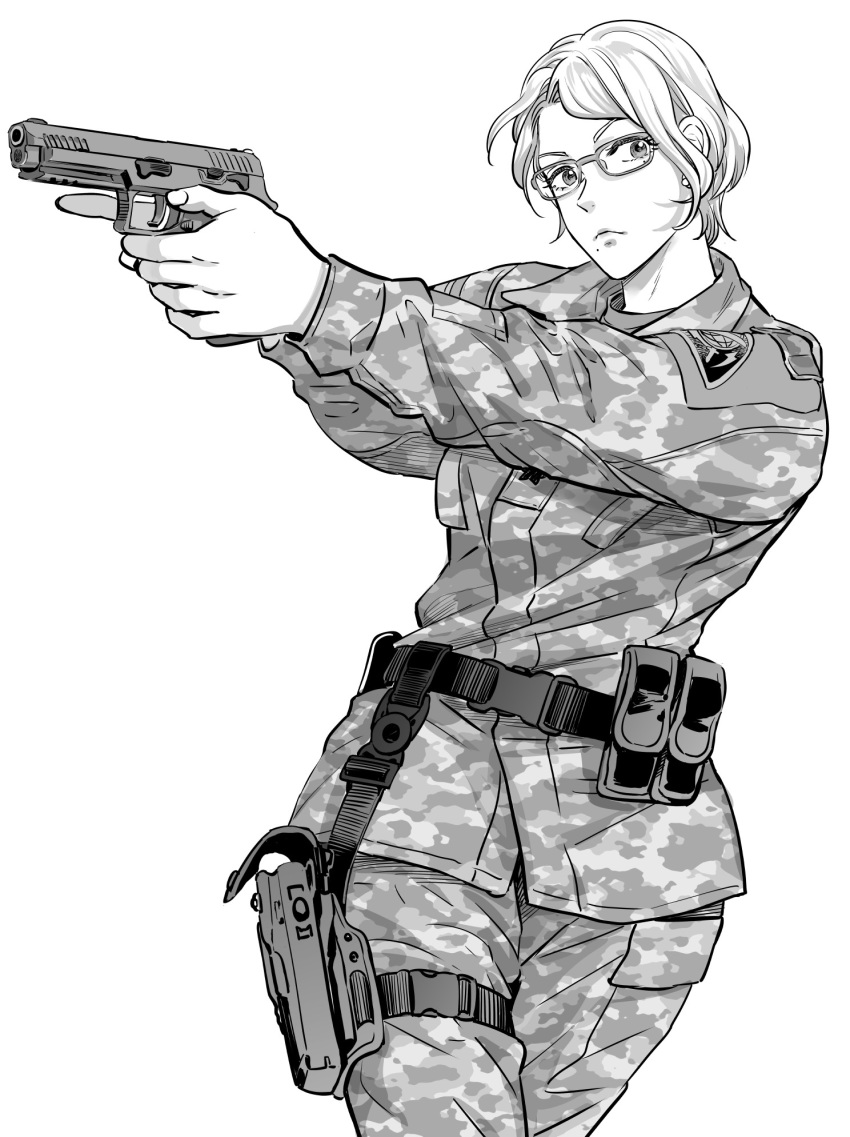 1girl ace_combat ace_combat_7 ammunition_pouch camouflage camouflage_pants camouflage_shirt commentary deanna_mconie earrings glasses greyscale gun handgun highres jewelry leg_holster looking_at_viewer military military_uniform monochrome pants patch pistol pouch short_hair takato15_c uniform weapon