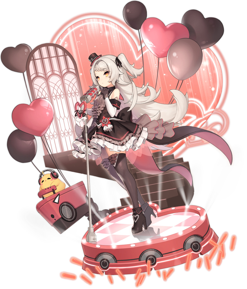 1girl azur_lane balloon bare_shoulders bird black_dress black_footwear black_gloves black_legwear chick closed_mouth detached_sleeves dress expressionless frilled_dress frills full_body gloves hair_ribbon hand_up hat heart high_heels highres kinjo_kuromomo long_hair long_sleeves looking_at_viewer manjuu_(azur_lane) microphone microphone_stand mini_hat mole mole_under_eye official_art ribbon shoes silver_hair solo stage stage_lights thighhighs top_hat transparent_background two_side_up very_long_hair yellow_eyes z46_(azur_lane) z46_(star-lit_chocolate)_(azur_lane) zettai_ryouiki