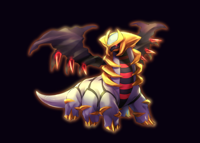 akihorisu black_background claws closed_mouth commentary_request full_body gen_4_pokemon giratina giratina_(altered) glowing glowing_eyes legendary_pokemon looking_to_the_side no_humans pokemon pokemon_(creature) red_eyes shiny simple_background solo