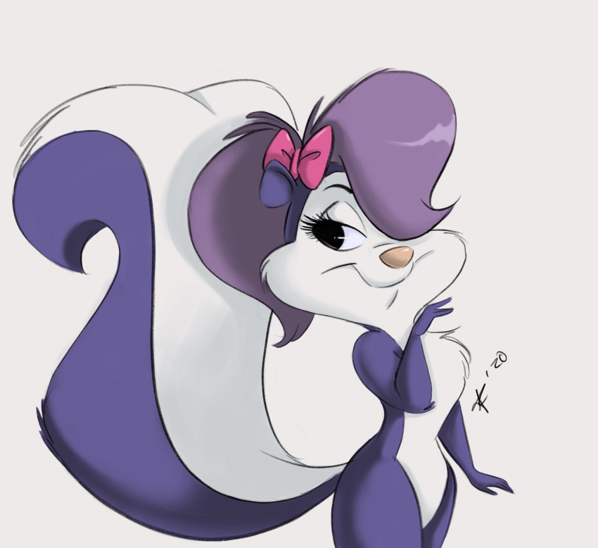 accessory anthro beaglebabe1 female fifi_la_fume hair hair_accessory hair_bow hair_over_eye hair_ribbon half-length_portrait hi_res mammal mephitid one_eye_obstructed portrait ribbons simple_background skunk solo tiny_toon_adventures warner_brothers