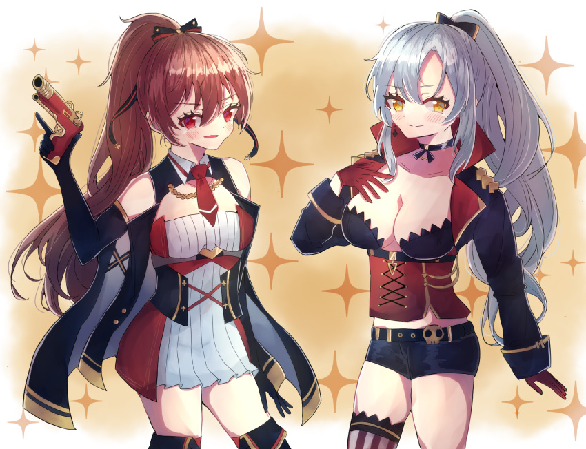 2girls antique_firearm asymmetrical_legwear azur_lane black_choker black_gloves blush bow breasts brown_hair choker cleavage commentary_request cosplay costume_switch drake_(azur_lane) drake_(azur_lane)_(cosplay) elbow_gloves firearm firelock flintlock gloves grey_hair gun hair_bow hair_ribbon highres holding holding_gun holding_weapon jean_bart_(azur_lane) jean_bart_(azur_lane)_(cosplay) large_breasts long_sleeves medium_breasts micro_shorts multiple_girls necktie open_mouth ponytail red_eyes red_gloves red_neckwear ribbon shorts single_thighhigh smile sparkle thighhighs torikara trait_connection trigger_discipline weapon yellow_eyes