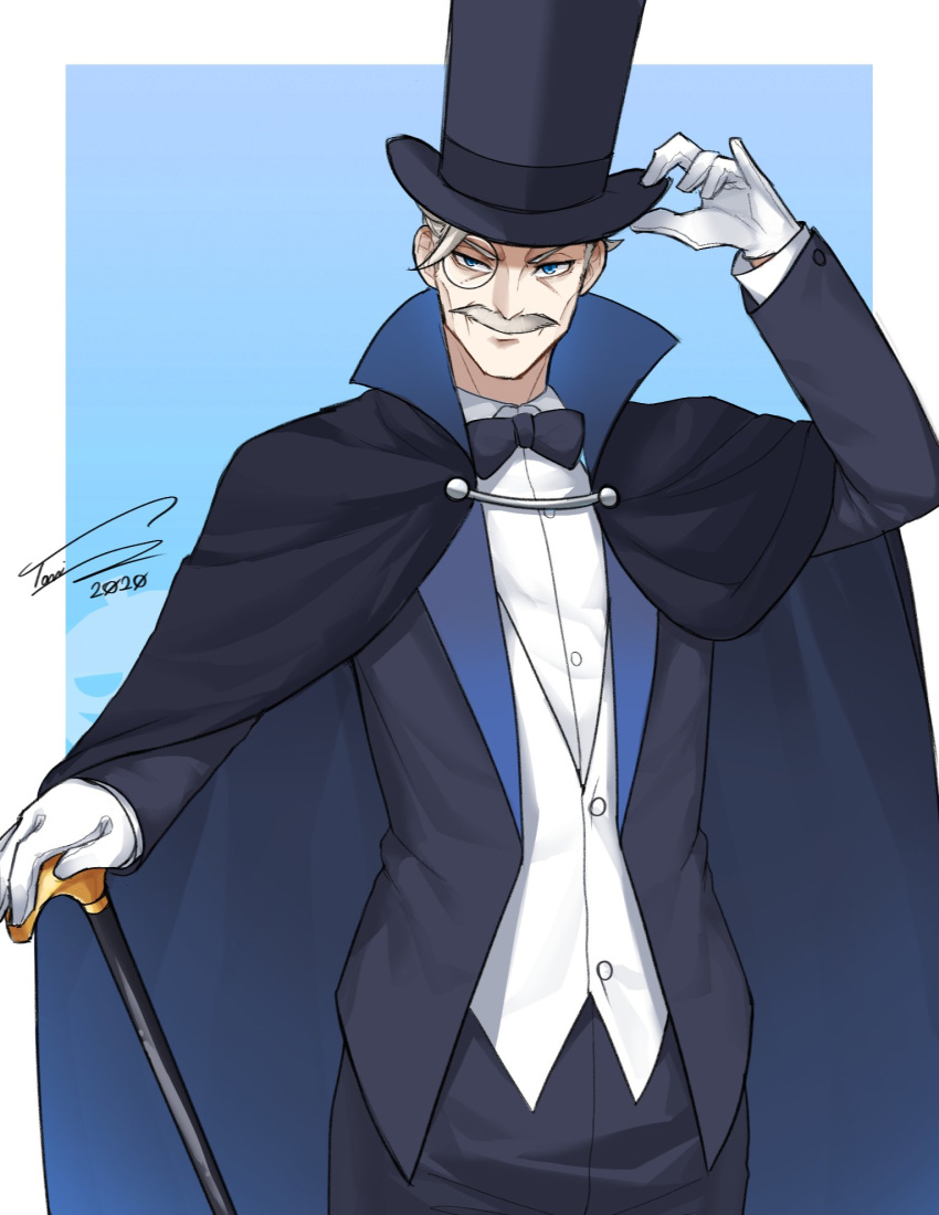 1boy adjusting_clothes adjusting_headwear black_cape black_headwear black_jacket black_neckwear black_pants blue_background blue_eyes border bow bowtie cane cape english_commentary facial_hair fate/grand_order fate_(series) gloves grey_hair hat highres jacket james_moriarty_(fate/grand_order) monocle mustache pants signature solo toni_nguyen top_hat tuxedo white_border white_gloves