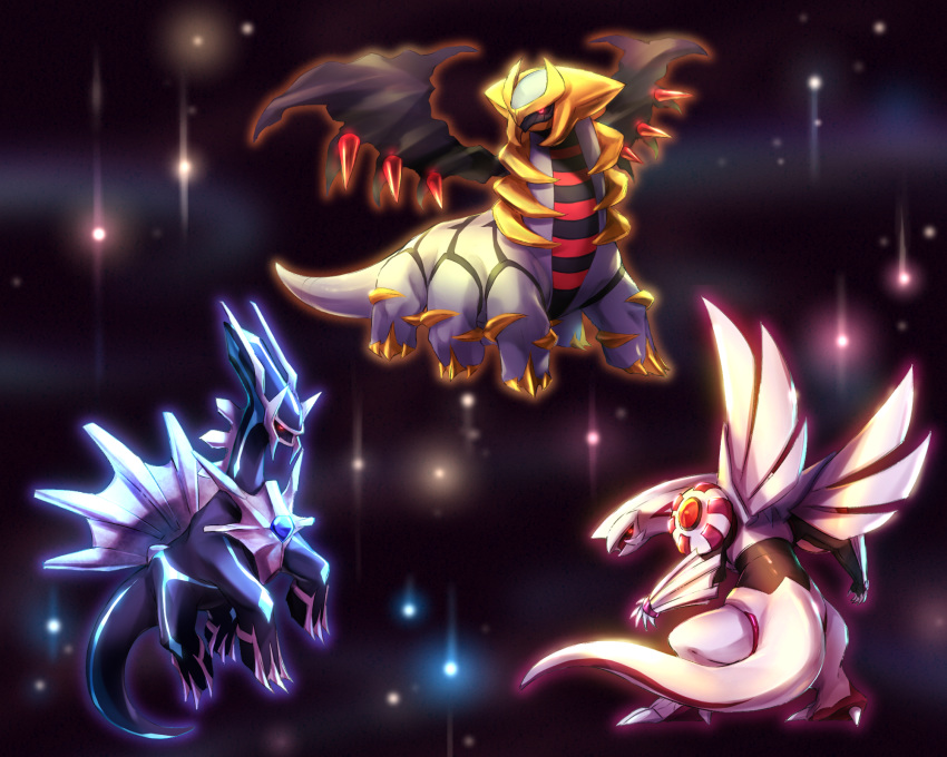 akihorisu claws closed_mouth commentary_request dialga gem gen_4_pokemon giratina giratina_(altered) glowing glowing_eyes highres legendary_pokemon looking_back looking_to_the_side no_humans palkia pokemon pokemon_(creature) red_eyes shiny tail