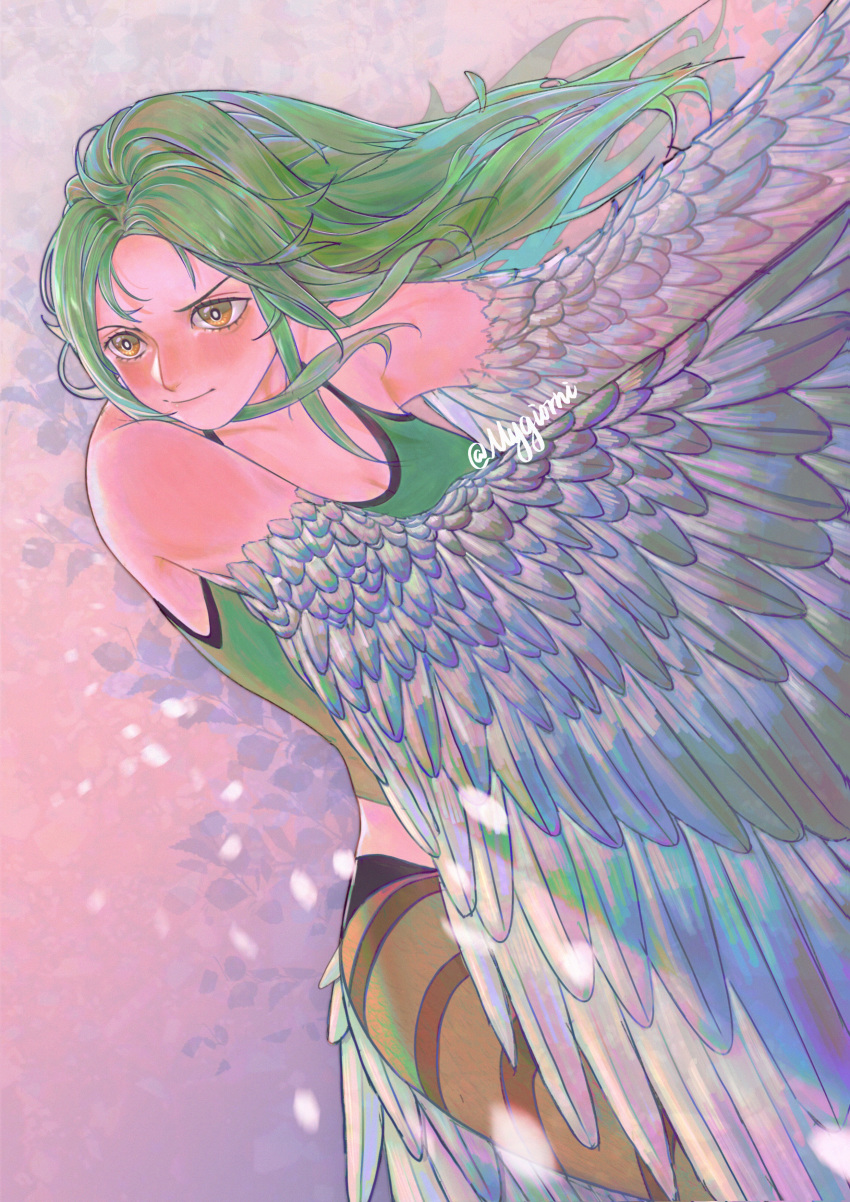 1girl absurdres blush breasts brown_eyes cleavage collarbone english_commentary feathered_wings green_hair green_shirt happy_birthday harpy highres huge_filesize long_hair midriff monet_(one_piece) monster_girl mygiorni one_piece shirt sleeveless sleeveless_shirt solo tail_feathers twitter_username wings