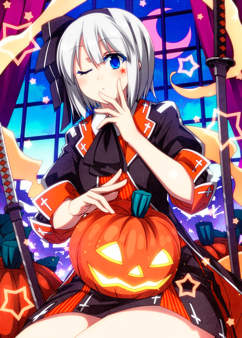 1girl alternate_costume ascot black_dress black_hairband black_neckwear black_ribbon blue_eyes blush closed_mouth colored_eyelashes crescent_moon curtains dress facial_mark hair_ribbon hairband halloween halloween_costume hand_on_own_face highres indoors jack-o'-lantern katana konpaku_youmu konpaku_youmu_(ghost) looking_at_viewer moon planted_sword planted_weapon pumpkin ribbon sazanami_mio short_hair silver_hair sitting sleeves_past_elbows solo star_(symbol) sword thighs touhou weapon window