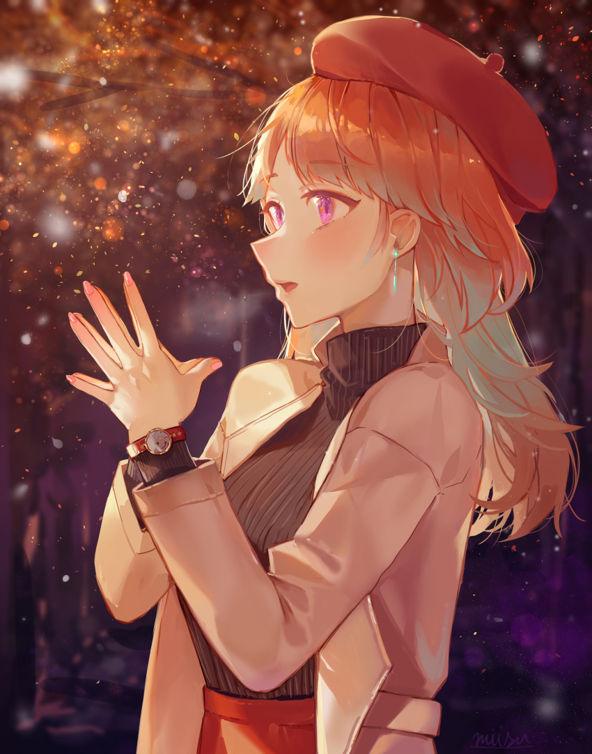 1girl absurdres alternate_costume beret casual hands_together hat highres hololive hololive_english looking_ahead misu_(miisuuu) open_mouth orange_hair red_headwear ribbed_sweater solo sweater takanashi_kiara virtual_youtuber watch wristwatch