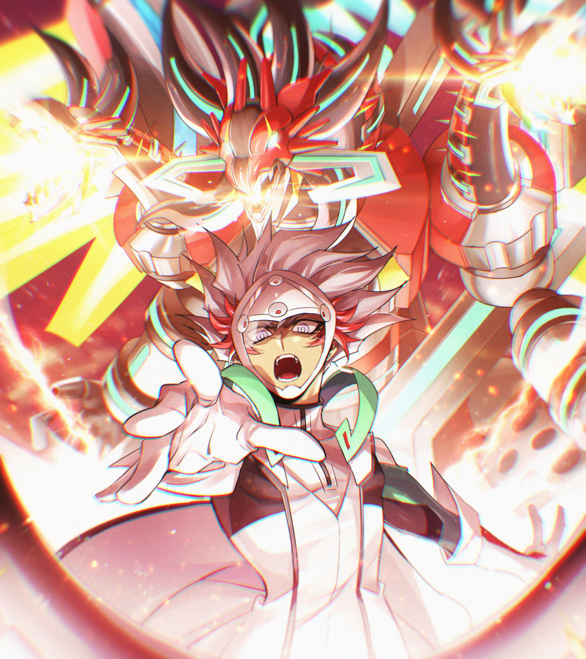 1boy absurdres borrelend_dragon dragon duel_monster gauntlets helmet highres huge_filesize kogami_ryoken male_focus monster open_mouth oshi_no_kao_ga_i red_hair revolver_(yu-gi-oh!) shouting upper_body white_eyes white_hair yu-gi-oh! yu-gi-oh!_vrains