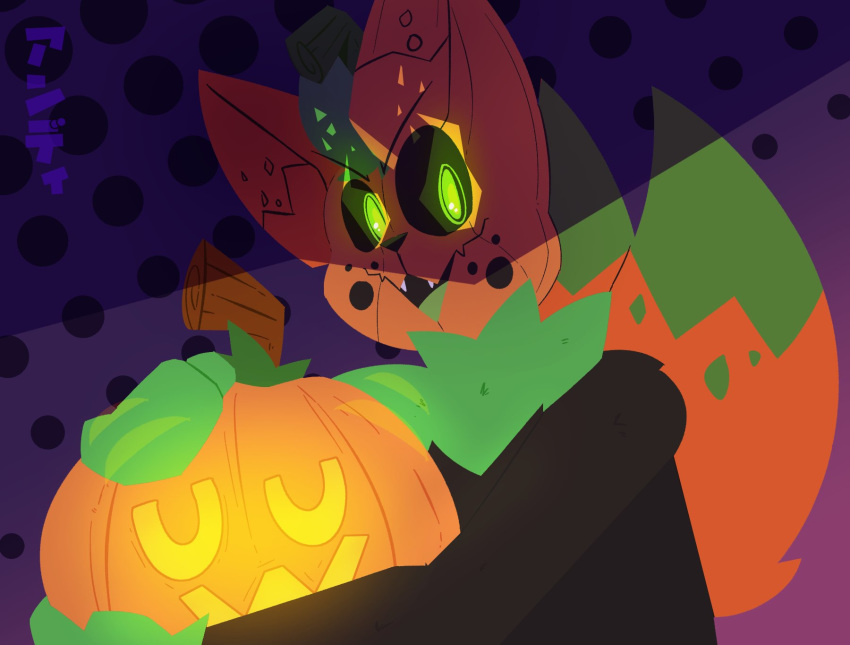 2020 2_tails alternate_species anthro black_body black_fur black_sclera black_spots dipstick_tail dotted_background felid food fruit fur glowing glowing_eyes green_body green_eyes green_fur hi_res holding_object hybrid jack-o'-lantern male mammal meower_(skweekers) meowstic multi_tail multicolored_tail nintendo orange_body orange_fur pattern_background plant pok&eacute;mon pok&eacute;mon_(species) pumkat pumpkin simple_background skweekers solo spots spotted_body spotted_fur video_games