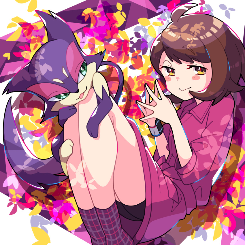 1girl :&gt; absurdres ahoge bangs bike_shorts blush_stickers bob_cut brown_hair closed_mouth collared_dress commentary_request dress dynamax_band eyebrows_visible_through_hair eyelashes gen_5_pokemon gloria_(pokemon) hands_together highres looking_to_the_side pink_dress plaid plaid_legwear pokemon pokemon_(creature) pokemon_(game) pokemon_swsh pon_yui purple_legwear purrloin short_hair sleeves_past_elbows smile socks yellow_eyes