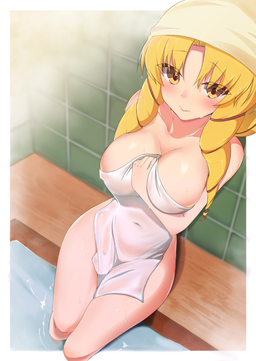 1girl bath blonde_hair blush breasts brown_eyes collarbone commentary_request covering covering_breasts coyomin drill_hair fate/hollow_ataraxia fate_(series) highres holding holding_towel large_breasts long_hair looking_at_viewer luviagelita_edelfelt naked_towel nude onsen partially_submerged solo towel towel_on_head very_long_hair water