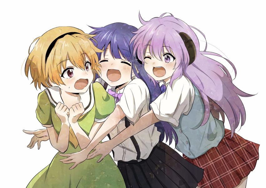 3girls arms_up bangs black_hairband black_skirt blonde_hair blue_hair blue_vest blush bow bowtie clenched_hands closed_eyes commentary cowboy_shot dress eyebrows_visible_through_hair furude_rika girl_sandwich glomp green_dress hairband hanyuu highres higurashi_no_naku_koro_ni horns houjou_satoko hug hug_from_behind long_hair multiple_girls necktie one_eye_closed open_mouth plaid plaid_skirt purple_eyes purple_hair purple_neckwear red_eyes sailor_collar sandwiched shirt short_hair shosudo sidelocks simple_background skirt surprised suspenders sweatdrop upper_teeth vest white_background white_sailor_collar white_shirt yellow_neckwear