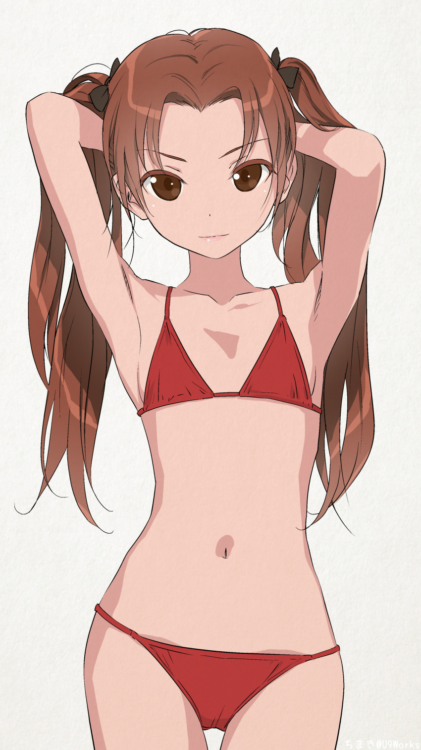 1girl absurdres akagi_(fmttps) armpits arms_up artist_name bangs bikini black_ribbon brown_eyes brown_hair closed_mouth commentary cowboy_shot flat_chest girls_und_panzer grey_background hair_ribbon hands_in_hair highres kadotani_anzu light_smile long_hair looking_at_viewer navel parted_bangs red_bikini ribbon solo standing string_bikini swimsuit twintails twitter_username