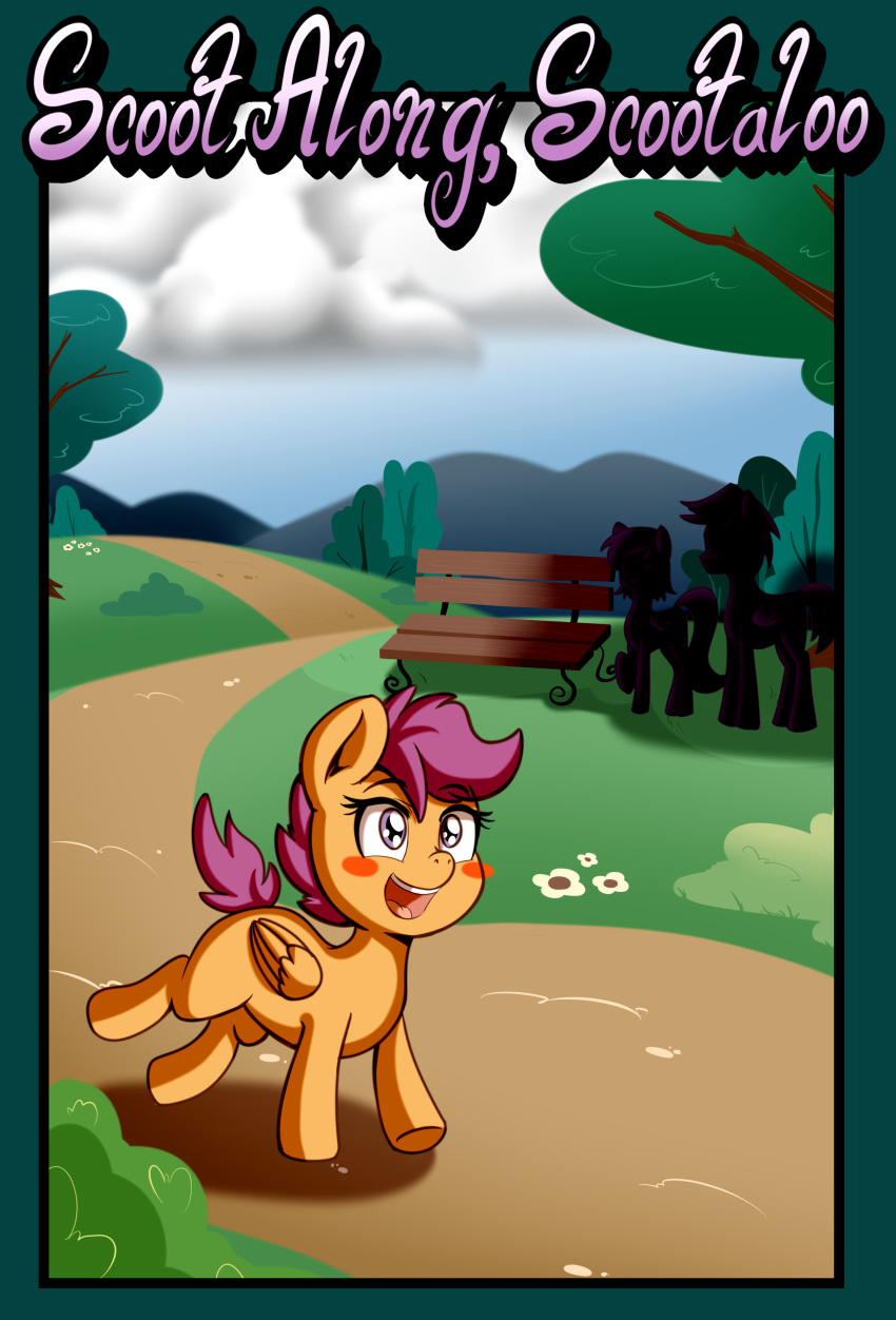 2020 absurd_res anibaruthecat bench blush blush_stickers cloud digital_media_(artwork) english_text equid equine eyebrows eyelashes female feral friendship_is_magic group hasbro hi_res mammal my_little_pony open_mouth outside pegasus purple_tail scootaloo_(mlp) solo_focus text tree wings