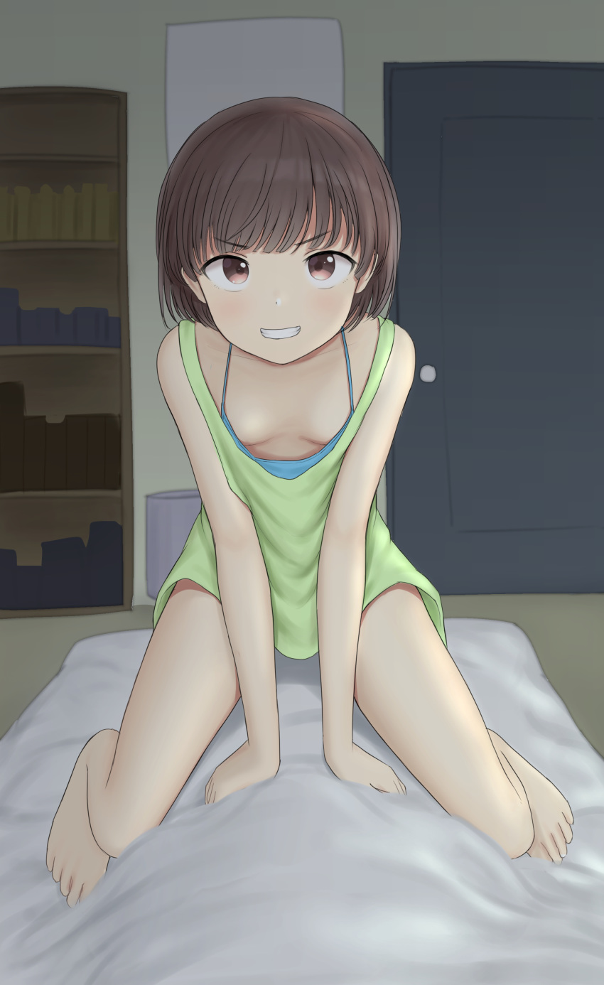 1girl absurdres accidental_exposure bangs barefoot bed bed_sheet bedroom blue_camisole bob_cut bookshelf breasts brown_eyes brown_hair camisole commentary door downblouse furrowed_eyebrows grin hands_on_another's_thighs highres indoors leaning_forward light_blush looking_at_viewer naughty_face no_bra original pov sc_naru short_hair sitting sitting_on_person small_breasts smile solo tank_top under_covers upturned_eyes waking_another wariza yellow_tank_top