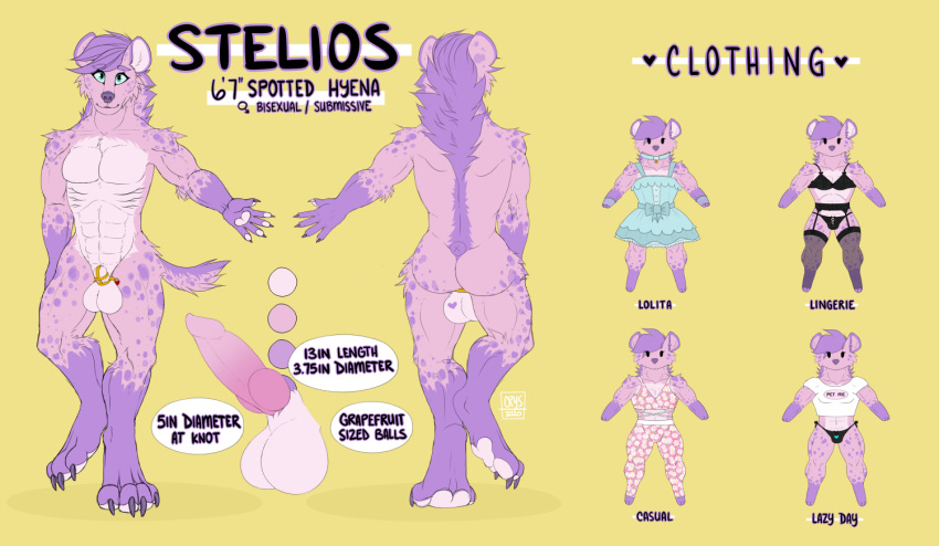 bow chastity_(disambiguation) chastity_cage chastity_device clothed clothing cotton_candy crossdressing feminization genitals hyaenid male mammal model_sheet