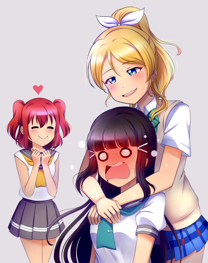 3girls absurdres ayase_eli blush full-face_blush ganbaru_pose highres hime_cut hug hug_from_behind kurosawa_dia kurosawa_ruby love_live! love_live!_school_idol_festival_all_stars love_live!_school_idol_project love_live!_sunshine!! multiple_girls o_o otonokizaka_school_uniform ponytail school_uniform siblings simple_background sisters ska.harumi summer_uniform surprised sweater_vest trait_connection two_side_up uranohoshi_school_uniform