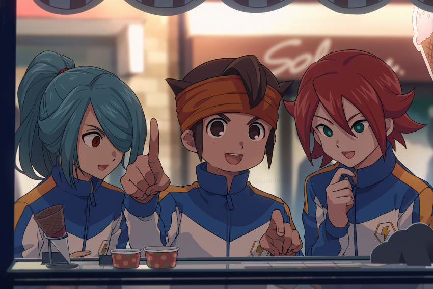 3boys :d blurry blurry_background brown_eyes brown_hair character_request check_character commentary endou_mamoru green_eyes green_hair hair_between_eyes hair_over_one_eye hand_up ice_cream_cone ice_cream_cup inazuma_eleven inazuma_eleven_(series) index_finger_raised jacket kazemaru_ichirouta kiyama_hiroto long_hair looking_at_viewer looking_down male_focus multiple_boys open_mouth orange_headband ponytail red_eyes red_hair sayshownen short_hair smile symbol_commentary track_jacket upper_body upper_teeth