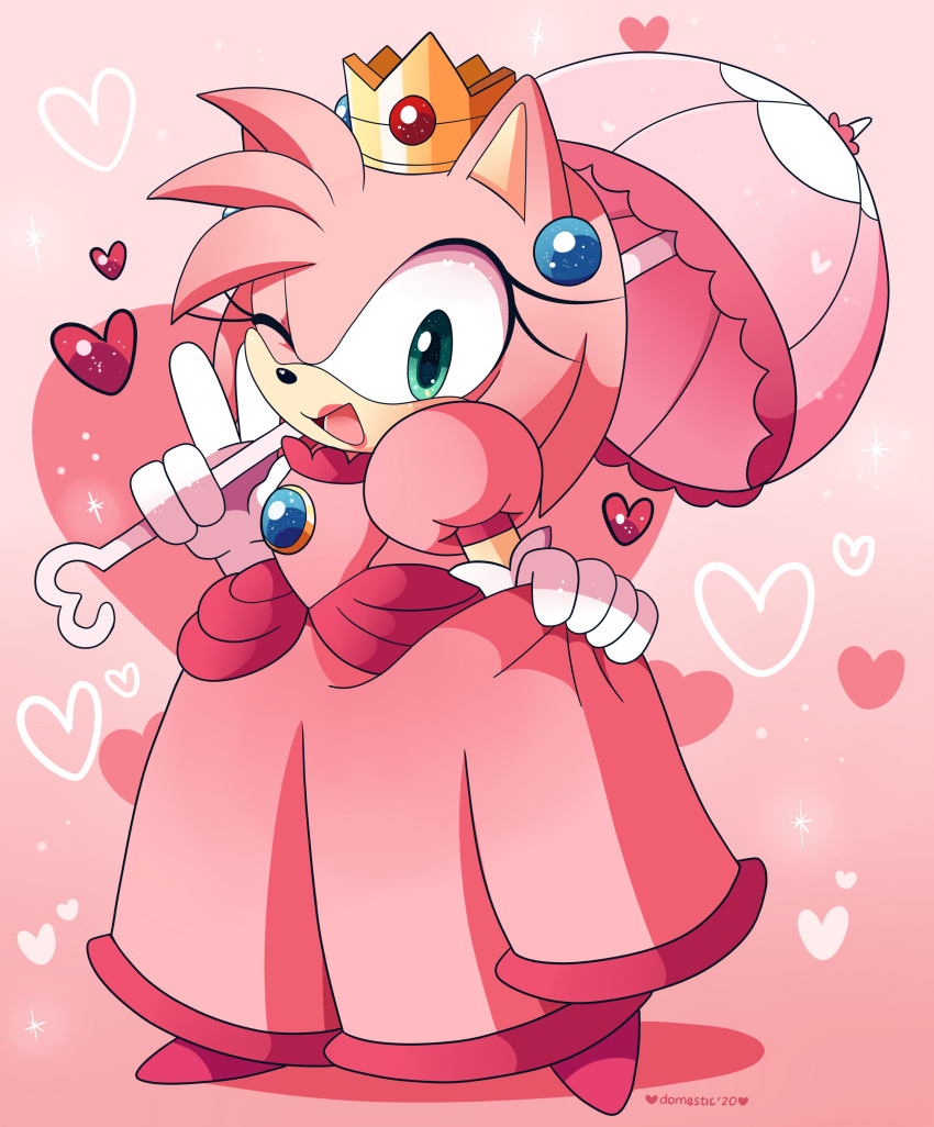 &lt;3 2020 absurd_res amy_rose anthro biped clothing cosplay crossover crossover_cosplay crown digital_media_(artwork) domestic_maid dress eulipotyphlan female fur gesture gloves green_eyes handwear headgear headwear hedgehog hi_res holding_object lipstick makeup mammal mario_bros nintendo one_eye_closed open_mouth open_smile parasol pink_background pink_body pink_clothing pink_dress pink_fur princess_peach signature simple_background smile solo sonic_the_hedgehog_(series) standing v_sign video_games white_clothing white_gloves wink