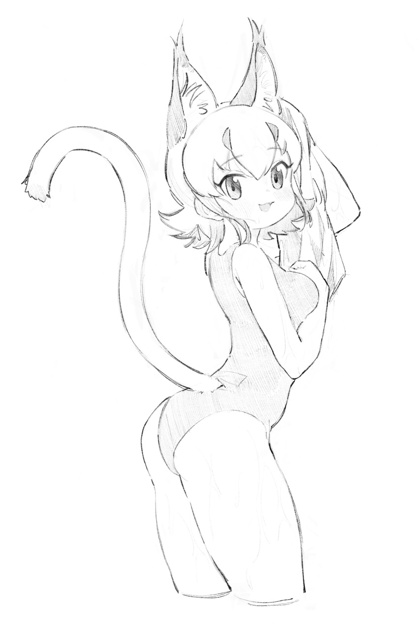 1girl :3 absurdres alternate_costume animal_ear_fluff animal_ears arm_between_breasts arm_up ass bangs between_breasts breasts caracal_(kemono_friends) caracal_ears caracal_tail clenched_hand cowboy_shot cropped_legs drying drying_hair extra_ears eyebrows_visible_through_hair from_side greyscale hair_between_eyes hand_up highres holding holding_towel kemono_friends kona_ming looking_at_viewer looking_to_the_side medium_breasts monochrome one-piece_swimsuit open_mouth short_hair sidelocks simple_background sketch smile solo swimsuit tail tail_raised thick_thighs thighs towel wet white_background