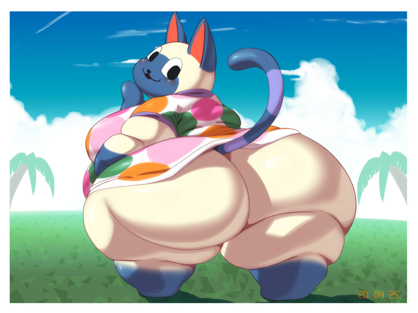 4:3 absurd_res animal_crossing anthro big_breasts big_butt blue_body blue_fur blue_tail blush bottomless breasts butt butt_focus clothed clothing domestic_cat felid feline felis female fur hi_res huge_butt hyper hyper_butt looking_back mammal mitzi_(animal_crossing) nintendo obese obese_anthro obese_female outside overweight overweight_anthro overweight_female smile tree video_games white_body white_fur yosioka_san