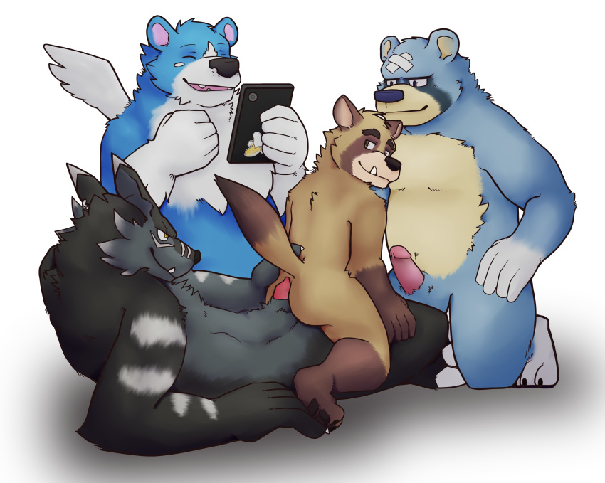 2020 absurd_res animal_crossing anthro balls blue_body blue_fur brown_body brown_fur butt canid canine cellphone curt_(animal_crossing) digimon digimon_(species) erection eyes_closed fur genitals grizzlesbear group hi_res male male/male mammal moosh nintendo oracle_of_ages oracle_of_seasons penis phone raccoon_dog sex shadowweregarurumon smartphone tanuki ursid video_games white_body white_fur wings