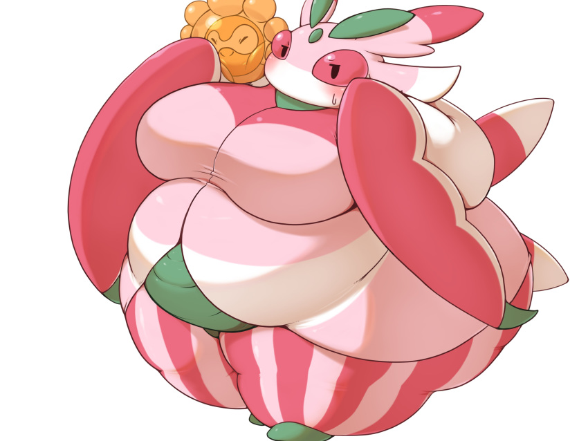 4:3 absurd_res anthro arthropod belly big_belly blush bodily_fluids breasts castform duo eyes_closed female hi_res insect looking_at_viewer lurantis morbidly_obese nintendo non-mammal_breasts obese obese_anthro obese_female overweight overweight_anthro overweight_female pok&eacute;mon pok&eacute;mon_(species) simple_background smile sunny_castform sweat sweatdrop video_games white_background yosioka_san