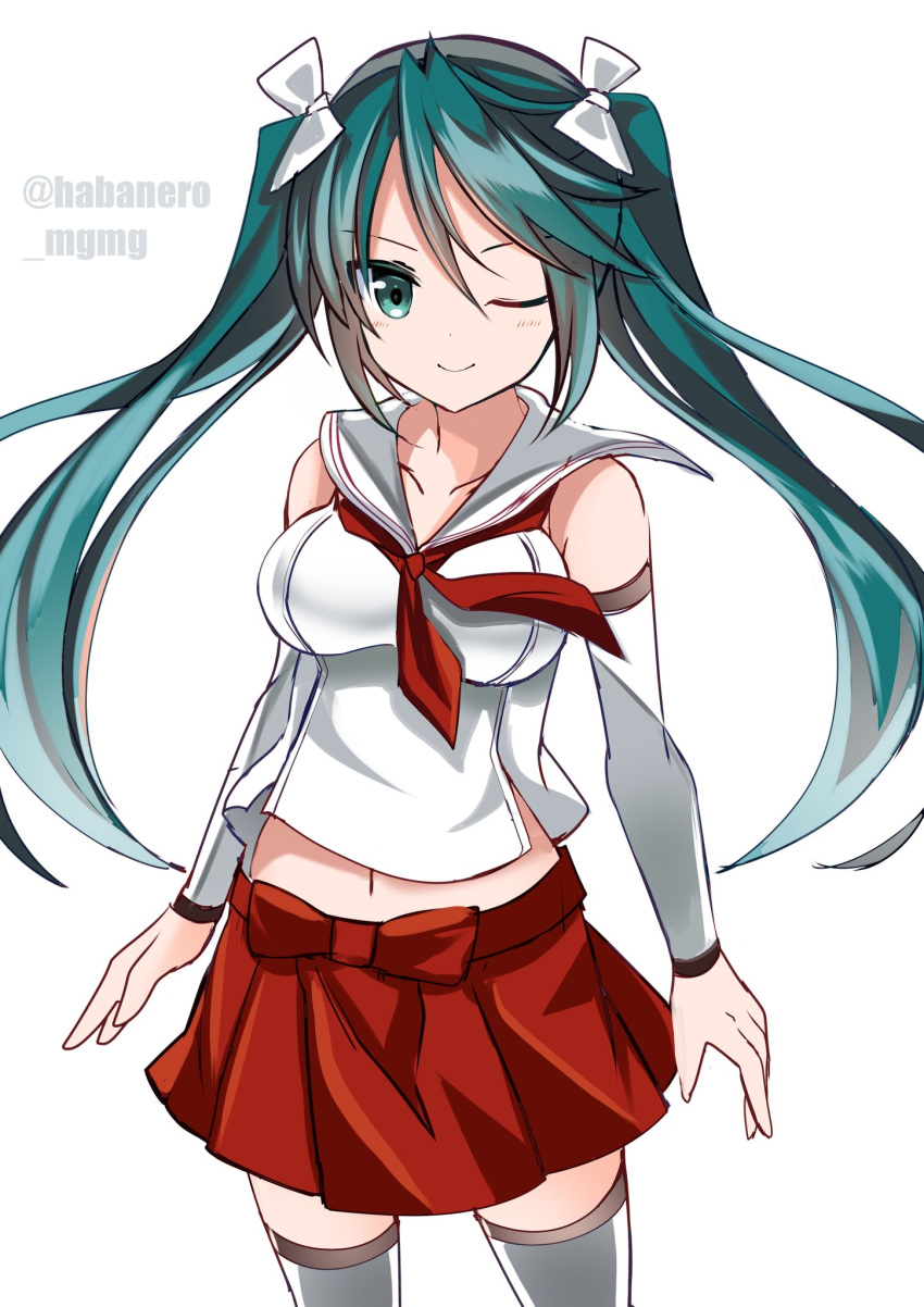 1girl breasts detached_sleeves fathom green_eyes green_hair highres isuzu_(kantai_collection) kantai_collection long_hair medium_breasts midriff neckerchief one_eye_closed pleated_skirt red_neckwear sailor_collar school_uniform serafuku shirt simple_background skirt sleeveless sleeveless_shirt solo standing thighhighs twintails twitter_username white_background white_legwear white_sailor_collar white_shirt