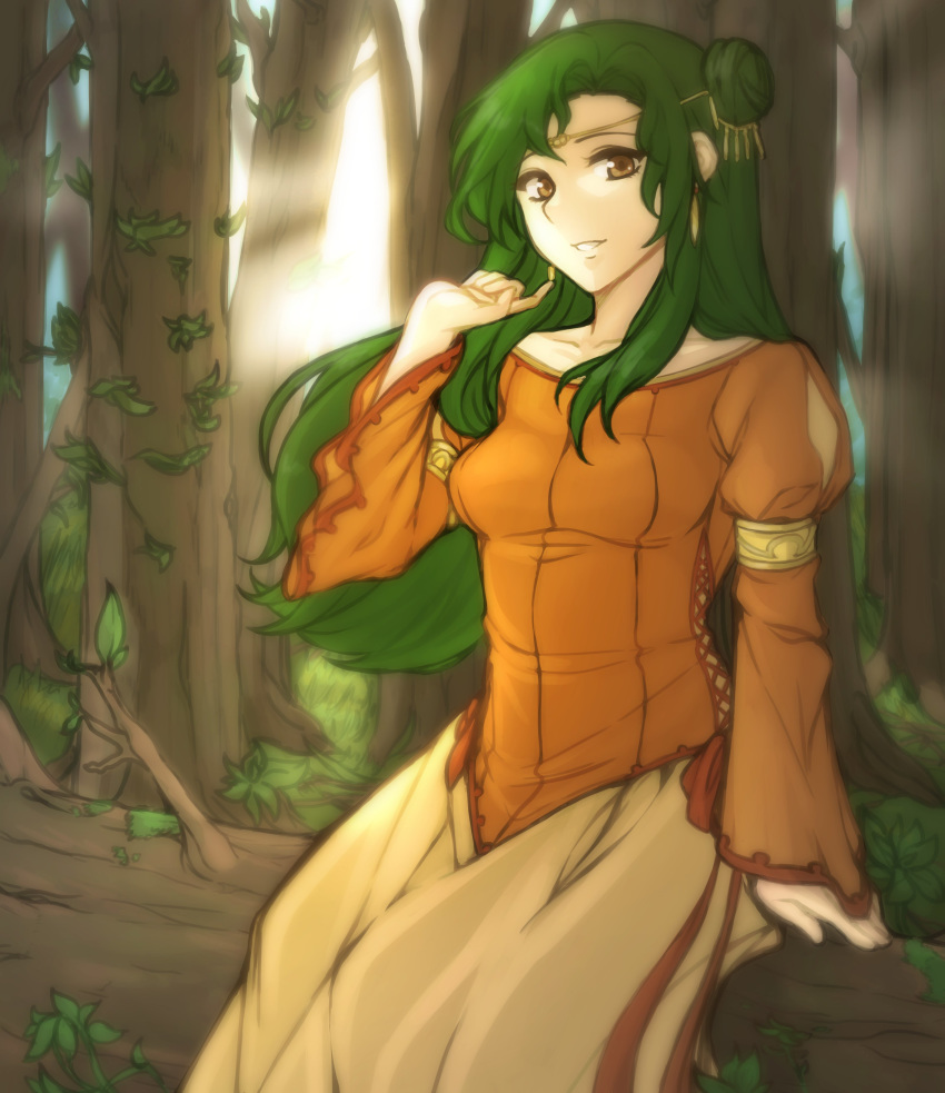 1girl absurdres bare_shoulders breasts collarbone dress elincia_ridell_crimea fallen_tree fire_emblem fire_emblem:_path_of_radiance fire_emblem:_radiant_dawn forest green_hair highres in_tree long_hair looking_at_viewer nature outdoors sitting sitting_in_tree small_breasts smile sunlight tree tridisart yellow_eyes