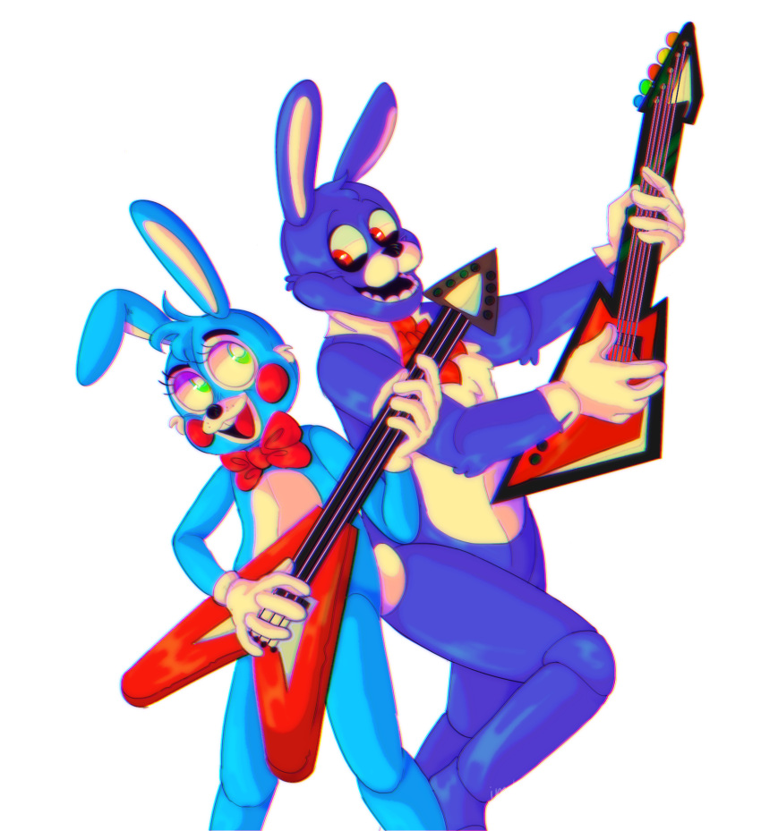 2020 5_fingers animatronic anthro black_nose blue_body blue_fur bonnie_(fnaf) bow_tie buckteeth clothing dipstick_ears duo eyelashes eyeshadow fingers five_nights_at_freddy's five_nights_at_freddy's_2 freckles fur gloves green_eyes guitar handwear head_tuft hi_res imd0g lagomorph leporid machine makeup male mammal multicolored_ears musical_instrument open_mouth open_smile plucked_string_instrument purple_body purple_fur rabbit red_cheeks robot simple_background smile standing string_instrument teeth tongue toy_bonnie_(fnaf) tuft video_games white_background white_body white_fur