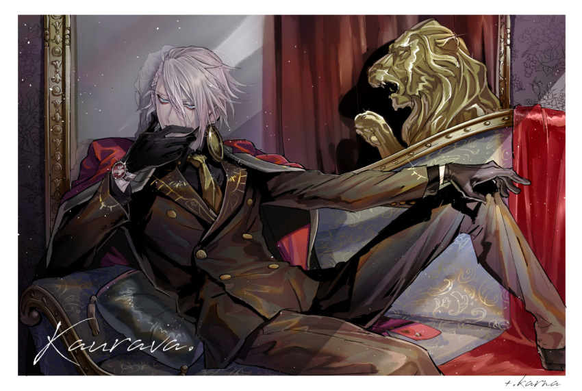 1boy bangs black_gloves black_jacket black_pants black_shirt black_suit blue_eyes border closed_mouth coat coat_on_shoulders commentary_request couch cushion dress_shirt earrings fate/grand_order fate_(series) gloves hair_between_eyes hand_on_own_knee heroic_spirit_formal_dress jacket jewelry karna_(fate) leaning_back lion long_sleeves looking_away male_focus mirror necktie pale_skin pants red_coat shirt short_hair sitting solo statue tori_shiru watch white_background white_border white_hair wristwatch yellow_neckwear