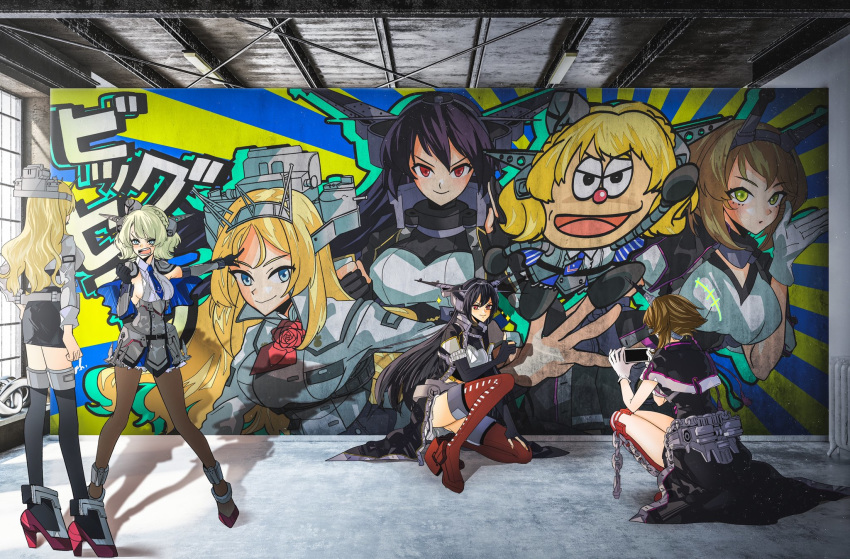 4girls anno88888 bangs black_gloves black_hair black_legwear black_skirt blonde_hair blue_eyes blush braid breasts brown_hair capelet caricature cellphone chain clenched_hand colorado_(kantai_collection) commentary_request garrison_cap gloves graffiti grey_eyes hat headgear highres holding holding_phone indoors kantai_collection long_hair long_sleeves multiple_girls mutsu_(kantai_collection) nagato_(kantai_collection) necktie nelson_(kantai_collection) open_mouth pantyhose partially_fingerless_gloves phone pointing pose red_legwear red_neckwear remodel_(kantai_collection) rudder_footwear short_hair skirt smartphone smile sparkle squatting standing taking_picture thighhighs white_gloves window