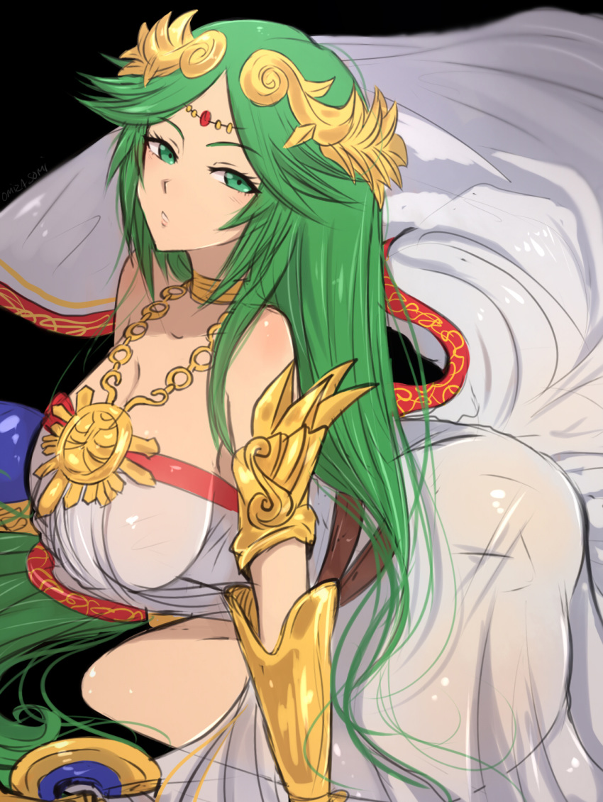 1girl ahoge bangs belt black_background bracelet breasts collarbone curious dress eyelashes forehead_jewel goddess green_eyes green_hair highres jewelry kid_icarus kid_icarus_uprising knee_up large_breasts laurel_crown light_blush long_dress long_hair long_neck looking_at_viewer multiple_belts neck_ring necklace omiza_somi palutena parted_bangs parted_lips pendant shield simple_background sketch solo staff swept_bangs tareme tiara vambraces very_long_hair white_dress