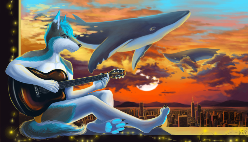 absurd_res alexandradane anthro blue_hair canid canine canis domestic_dog guitar guitarist hair hi_res husky hybrid male mammal musical_instrument nordic_sled_dog paws playing_guitar playing_music plucked_string_instrument spitz string_instrument sunset whale_tail whales_in_the_sky window_seat wolf