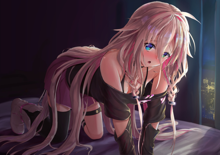 1girl absurdly_long_hair ahoge all_fours bare_shoulders black_legwear blonde_hair blue_eyes blush boots braid breasts cevio cleavage curtains eyebrows_visible_through_hair eyes_visible_through_hair furrowed_eyebrows hair_between_eyes highres ia_(vocaloid) indoors long_hair lukky_clover miniskirt multicolored_hair nose_blush off_shoulder open_mouth pink_hair pink_skirt pleated_skirt single_thighhigh skirt solo thigh_strap thighhighs twin_braids two-tone_hair very_long_hair vocaloid white_footwear window zettai_ryouiki