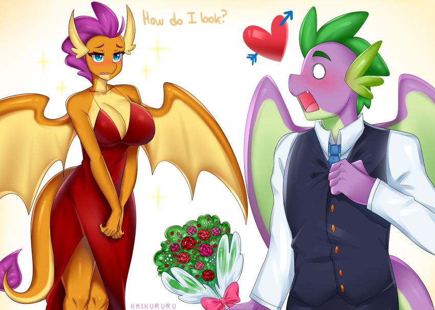 &lt;3 absurd_res anthro big_breasts bouquet breasts cleavage clothed clothing dragon duo female friendship_is_magic hi_res kaikururu male my_little_pony simple_background smolder_(mlp) spike_(mlp) white_background