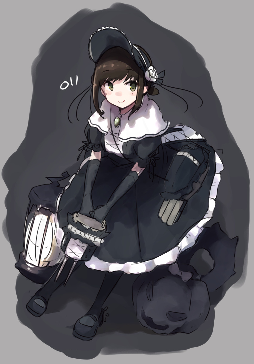 1girl absurdres alternate_costume black_dress black_footwear black_gloves black_hair black_headwear black_legwear blush closed_mouth dress elbow_gloves eyebrows_visible_through_hair fubuki_(kantai_collection) gloves green_eyes highres jack-o'-lantern kantai_collection ma_rukan machinery rigging shoes short_hair short_ponytail short_sleeves smile solo torpedo turret