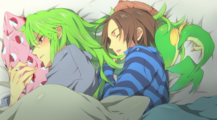 2boys bed_sheet blush brown_hair closed_mouth commentary_request fingernails from_above gen_5_pokemon graphite_(medium) green_hair hilbert_(pokemon) long_hair long_sleeves lying male_focus multiple_boys n_(pokemon) on_side pillow pokemon pokemon_(creature) pokemon_(game) pokemon_bw sleeping snivy starter_pokemon sweat traditional_media tyuraba under_covers yaoi