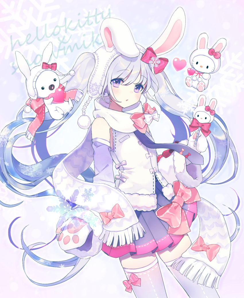 1girl animal animal_ears blue_hair blush bow bowtie bunny bunny_ears cat crossover detached_sleeves fake_animal_ears gloves hair_between_eyes hair_bow hatsune_miku heart hello_kitty hello_kitty_(character) highres long_hair long_image looking_at_viewer miniskirt multicolored_hair ninnin_(choky13) open_mouth paw_gloves paws pleated_skirt purple_background purple_eyes rabbit_yukine scarf skirt snowflakes standing tall_image thighhighs twintails very_long_hair vocaloid yuki_miku