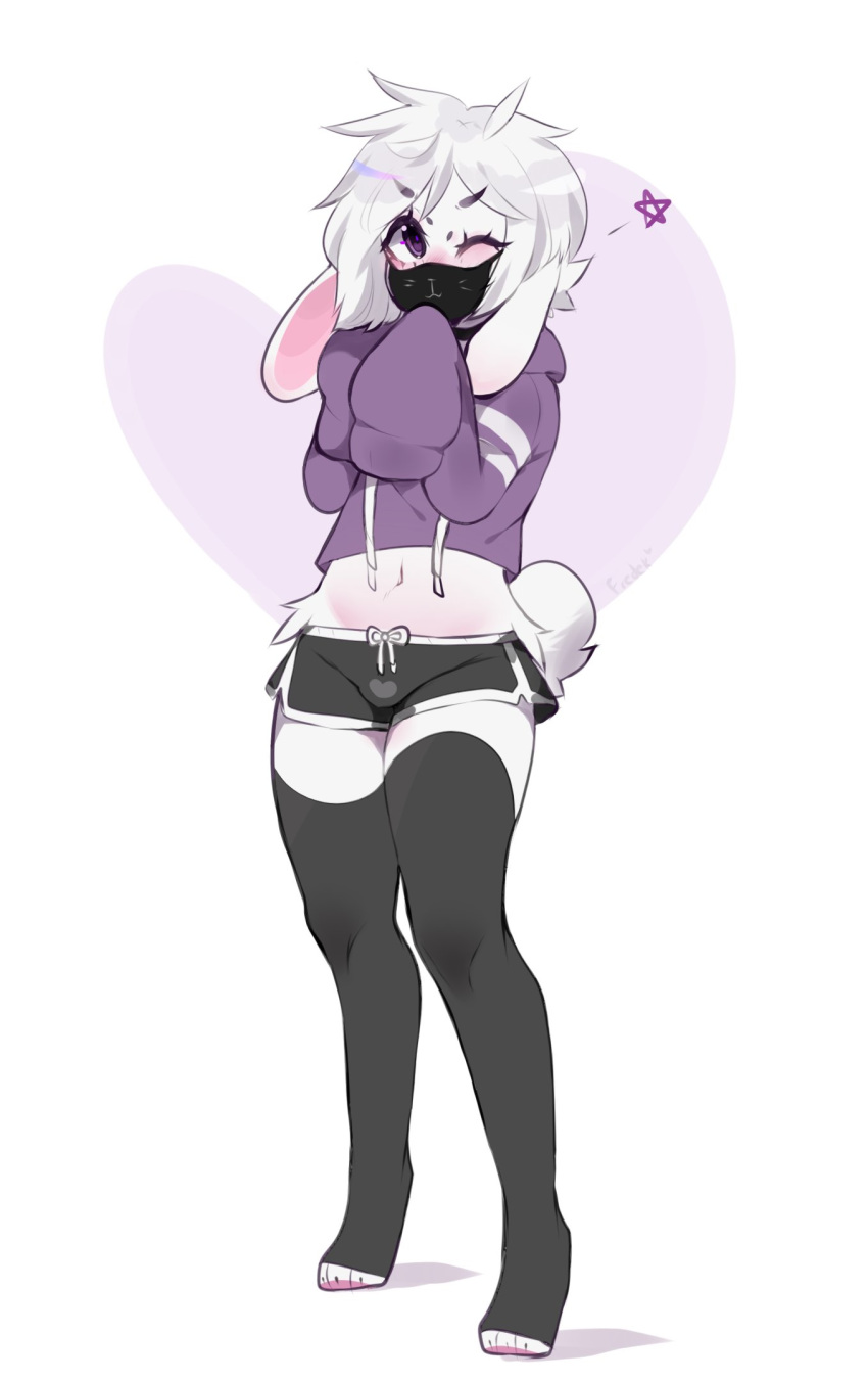 ahoge anthro belly black_bottomwear black_clothing black_shorts black_thigh_socks blush bottomwear bulge clothing digital_media_(artwork) face_mask fredek666 front_view full-length_portrait fur girly hair hi_res hoodie lagomorph leporid male mammal midriff navel one_eye_closed oversized_sleeves paws pink_belly portrait purple_clothing purple_eyes purple_hoodie purple_topwear rabbit shaded shorts signature simple_background solo standing star topwear white_background white_body white_fur white_hair