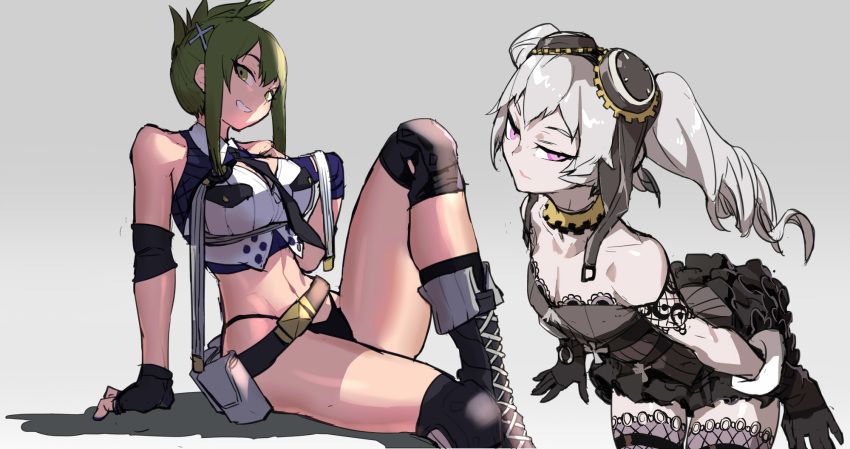 2girls black_gloves black_hair breasts brown_eyes brown_hair fingerless_gloves flat_chest gloves goggles goggles_on_head grey_hair hand_on_hip highres kisaragi_chitose lamian_(pixiv415608) large_breasts leaning_back leaning_forward multiple_girls navel nine_(super_robot_wars) purple_eyes smile super_robot_wars super_robot_wars_v thighhighs thong tied_hair twintails