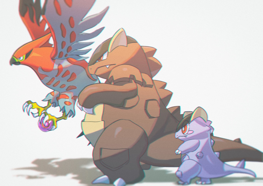 bird claws closed_mouth commentary_request fang gen_1_pokemon gen_6_pokemon highres holding kangaskhan life_orb mega_kangaskhan mega_pokemon no_humans pokemon pokemon_(creature) red_eyes saiku_(zvlku) standing talonflame talons