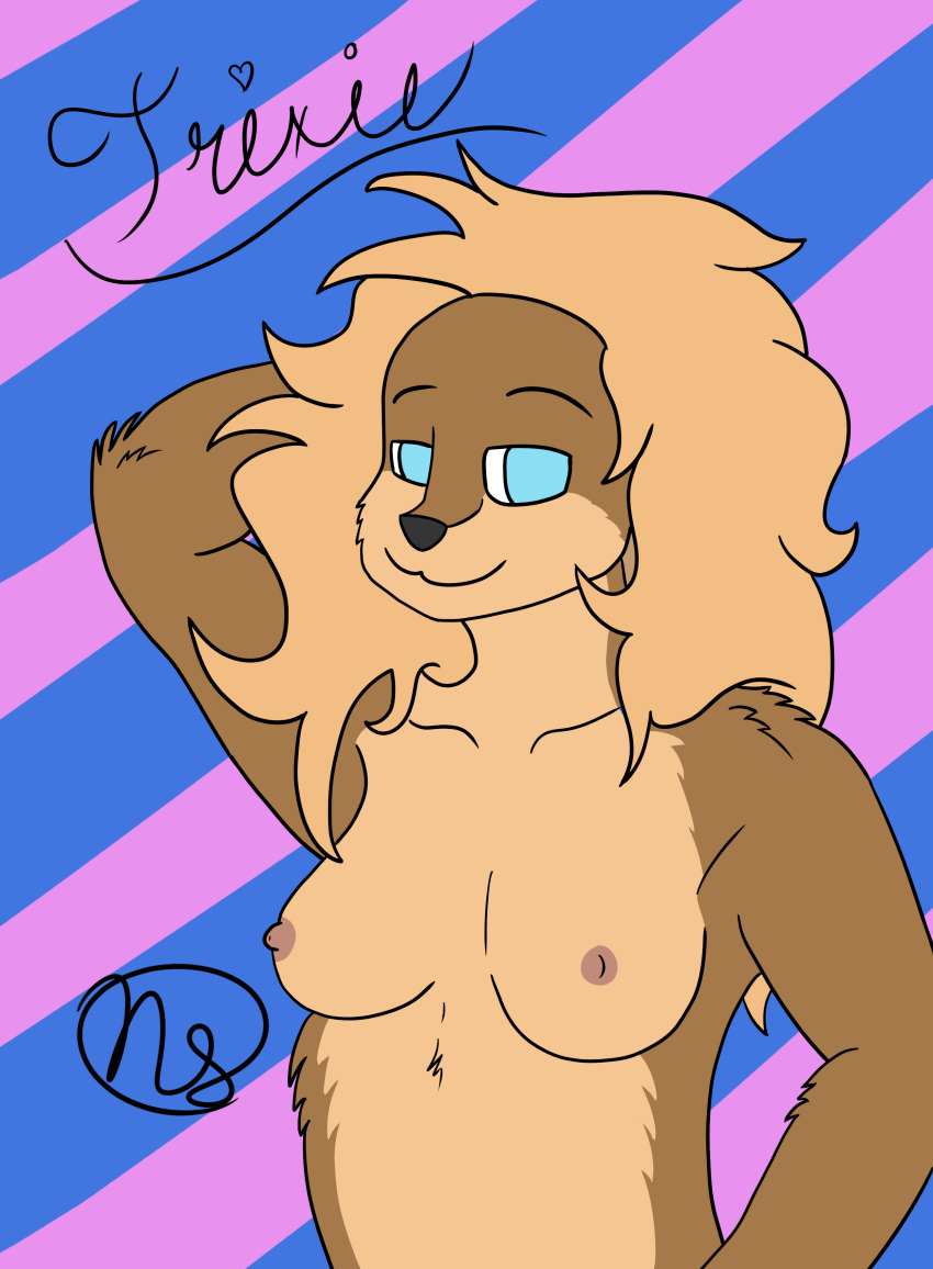 absurd_res anthro areola arm_tuft black_nose blonde_hair blue_eyes breasts brown_body brown_fur bust_portrait canid canine canis casual_nudity collarbone demitri_art domestic_dog elbow_tufts female fur hair hand_behind_head hi_res long_hair mammal multicolored_body multicolored_fur nipples no_pupils nude pattern_background pink_nipples portrait shoulder_tuft signature simple_background smile solo striped_background tan_body tan_fur text trixie_(jay_naylor) tuft