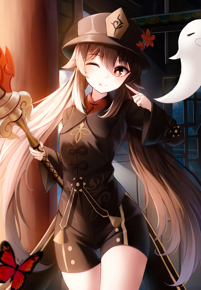 1girl :p ;p black_headwear black_shorts brown_hair bug butterfly chinese_clothes cowboy_shot frontera genshin_impact ghost hat highres holding holding_weapon hu_tao_(genshin_impact) long_hair long_sleeves looking_at_viewer one_eye_closed pointing pointing_at_self polearm red_eyes short_shorts shorts staff_of_homa_(genshin_impact) symbol-shaped_pupils tailcoat tongue tongue_out top_hat twintails very_long_hair weapon wide_sleeves