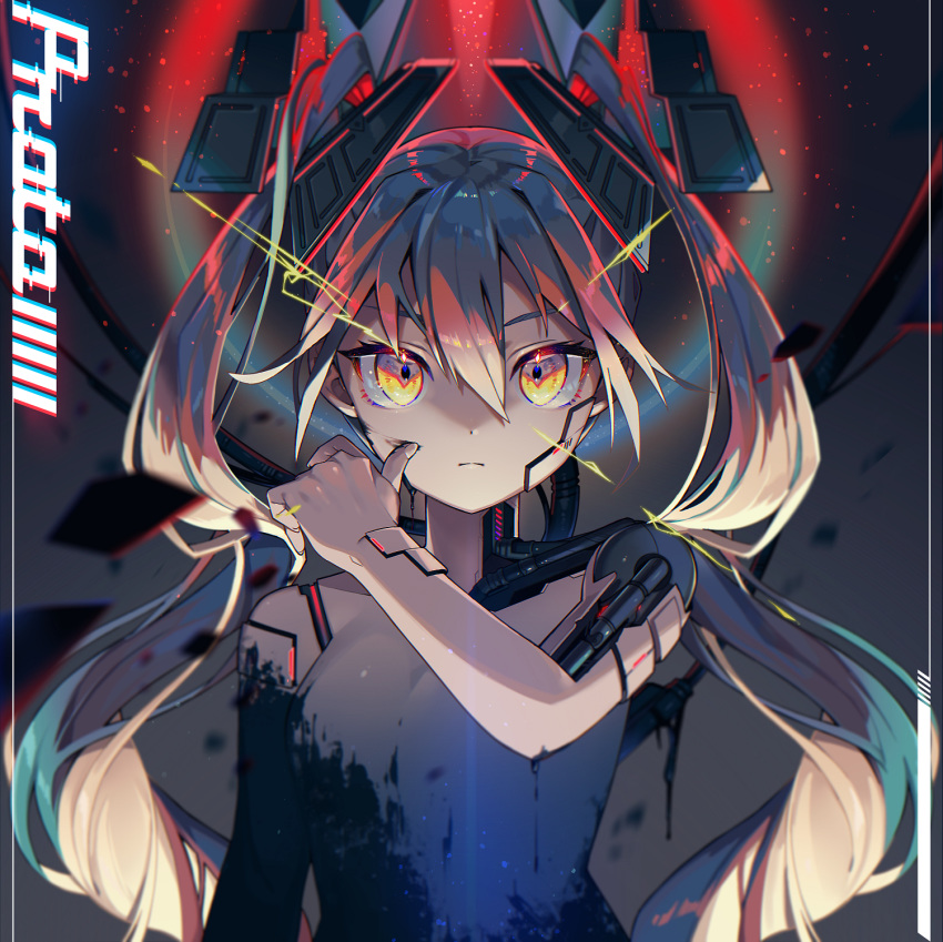 1girl bangs breasts closed_mouth commentary_request cyborg eyebrows_visible_through_hair grey_hair hair_between_eyes hand_up hatsune_miku headgear highres long_hair looking_at_viewer mechanical_parts nou nude small_breasts solo twintails upper_body very_long_hair vocaloid yellow_eyes
