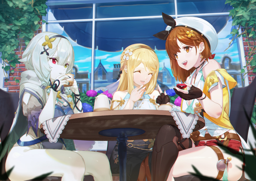 3girls ^_^ atelier_(series) atelier_ryza atelier_ryza_2 bangs bare_shoulders belt black_nails black_skirt blonde_hair blue_belt blue_sky braid breasts brick_wall brown_belt brown_eyes brown_hair building chair cleavage closed_eyes crossed_legs cup earrings gem gloves hair_between_eyes hair_ornament hairband heterochromia highres hooded_robe indoors jacket jewelry key_necklace klaudia_valentz large_breasts leather leather_belt leather_gloves long_hair multiple_girls nail_polish nox13 off_shoulder open_mouth pale_skin parted_lips partially_fingerless_gloves pelvic_curtain plant red_eyes red_shorts reisalin_stout robe serri_glaus shirt short_hair short_shorts shorts side_braid silver_hair single_sidelock single_thighhigh sitting skirt sky sleeveless sleeveless_jacket sleeveless_shirt table thick_thighs thigh_strap thighhighs thighs vines white_headwear white_shirt window yellow_eyes yellow_jacket